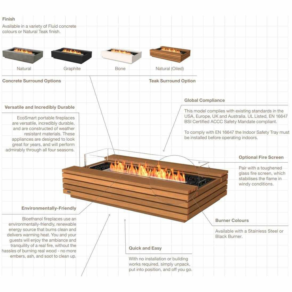 EcoSmart Fire Cosmo 50 bioethanol fire pit table in teak finish with a central flame and optional glass fire screen.