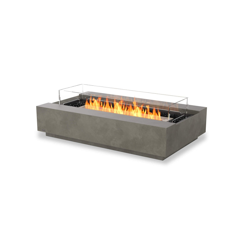 EcoSmart Fire Cosmo 50 bioethanol fire pit table in grey concrete with a glass screen and burning flames.