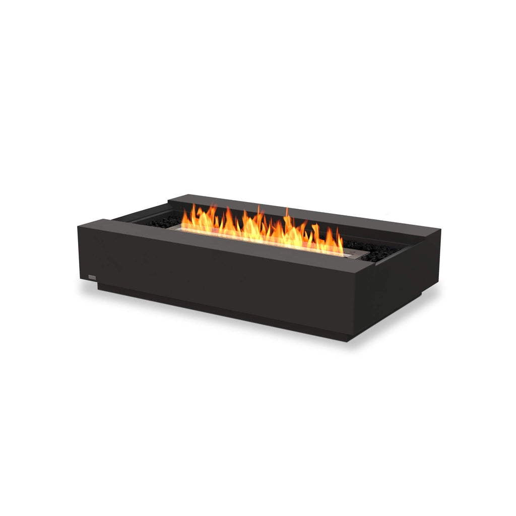 EcoSmart Fire Cosmo 50 bioethanol fire pit table in matte black with a central linear flame and black decorative stones.