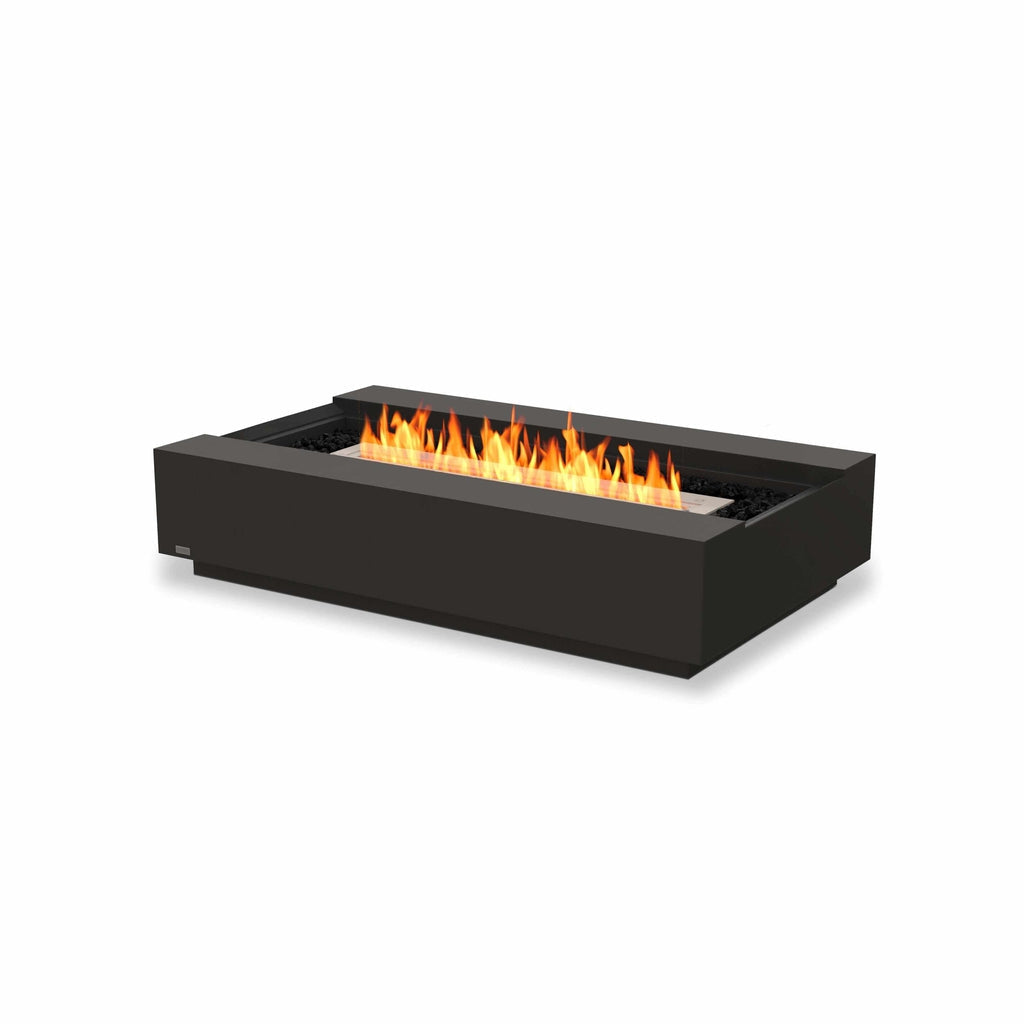 EcoSmart Fire Cosmo 50 bioethanol fire pit table in black with a rectangular burner and glowing orange flames.