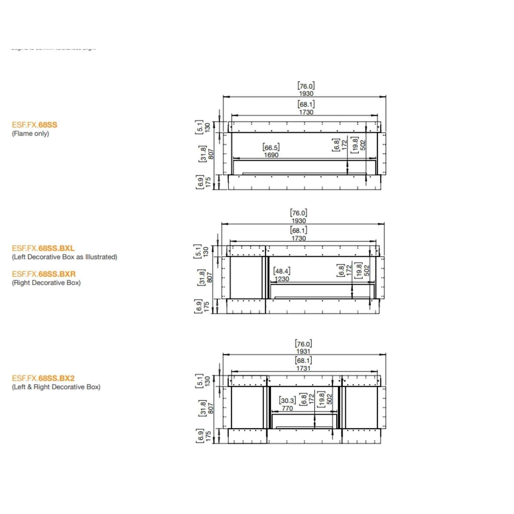 Technical line drawing showing dimensions for EcoSmart Fire Flex 68 fireplace configurations with decorative boxes.