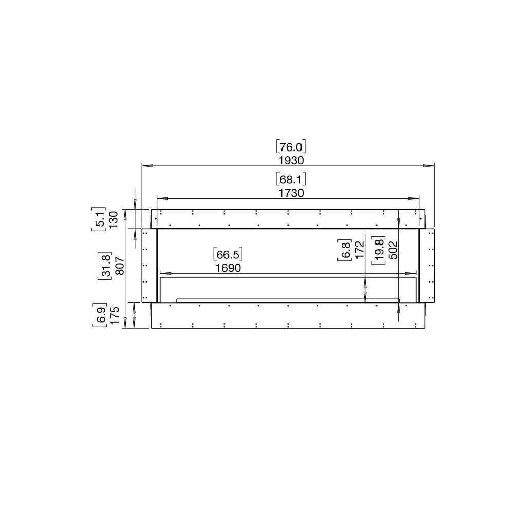 Technical line drawing of the EcoSmart Fire Flex 68 bioethanol fireplace showing front elevation dimensions.