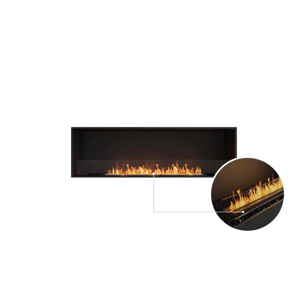 EcoSmart Fire Flex 68 bioethanol fireplace with a black frame, glass screen, and a close-up of the linear burner flame.
