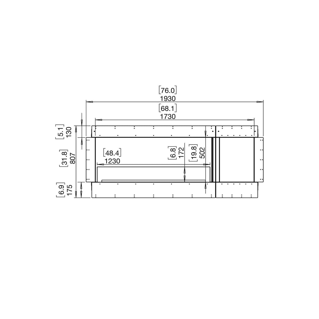 Technical line drawing of the EcoSmart Fire Flex 68 fireplace insert showing dimensions in millimetres and inches.