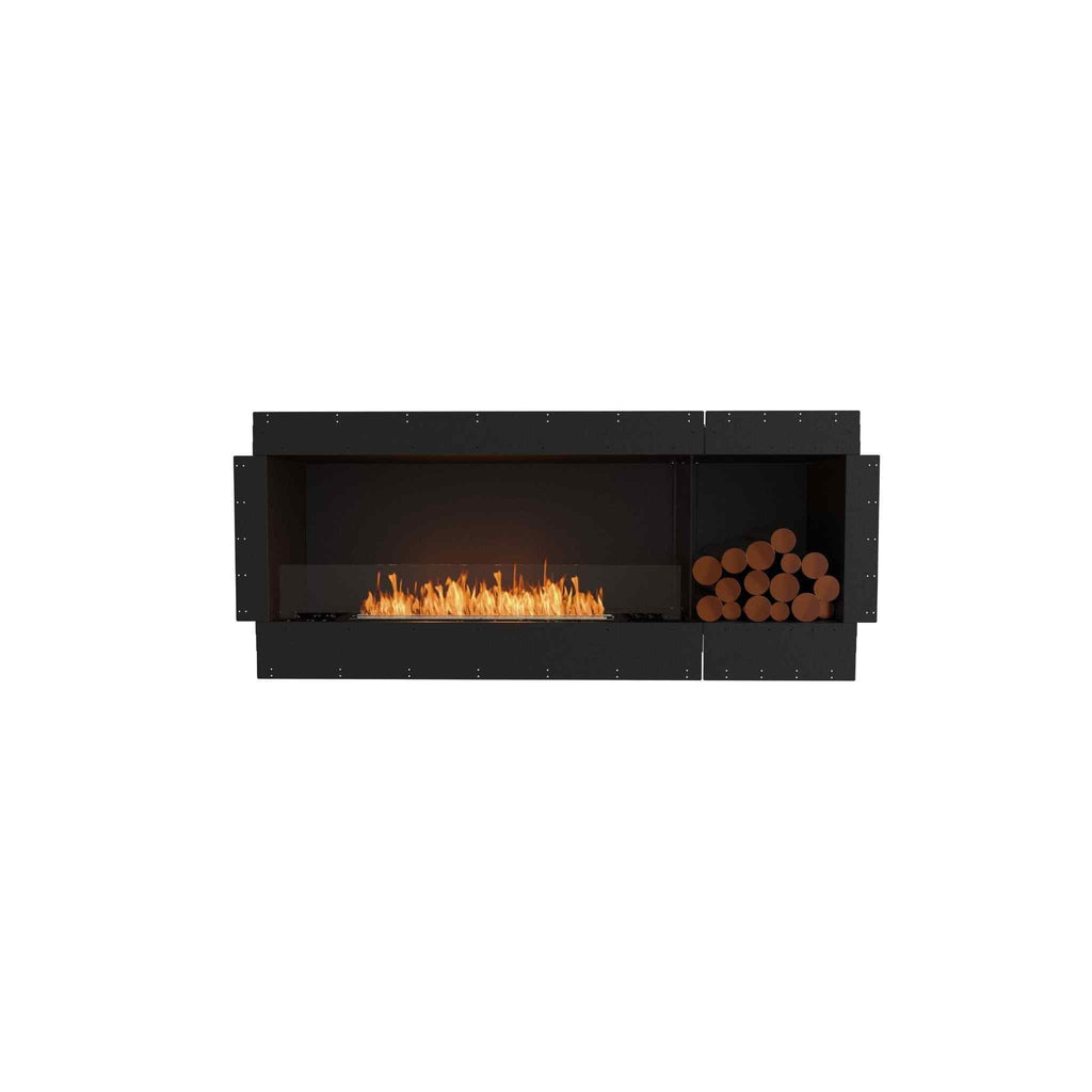 EcoSmart Fire Flex 68 bioethanol fireplace with a black frame, glass screen, linear flame, and side log storage.