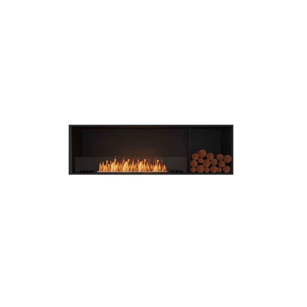 EcoSmart Fire Flex 68 bioethanol fireplace with a black frame, glass screen, linear flame, and decorative log storage.