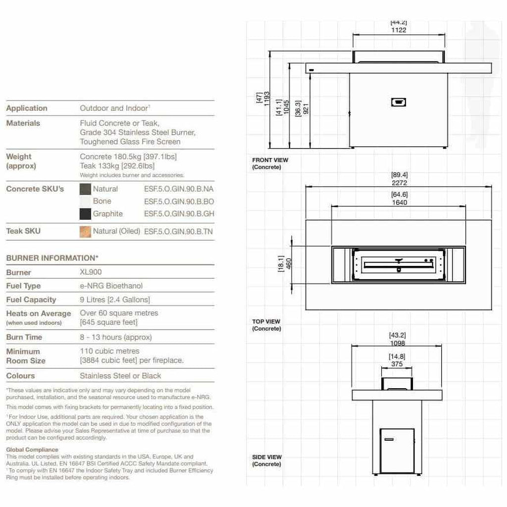 Technical drawing of the EcoSmart Fire Gin 90 bar fire pit table showing front, top, and side dimensions.