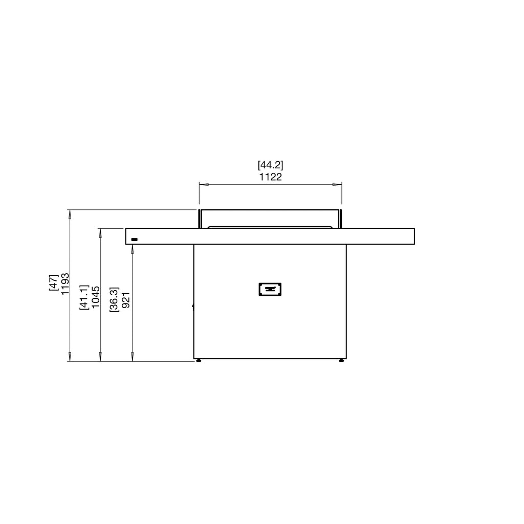 Technical line drawing of the EcoSmart Fire Gin 90 bar fire pit table showing front elevation and dimensions.