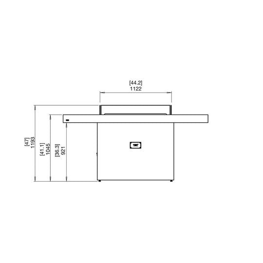 Technical line drawing of the EcoSmart Fire Gin 90 bar fire pit table showing front elevation and dimensions.