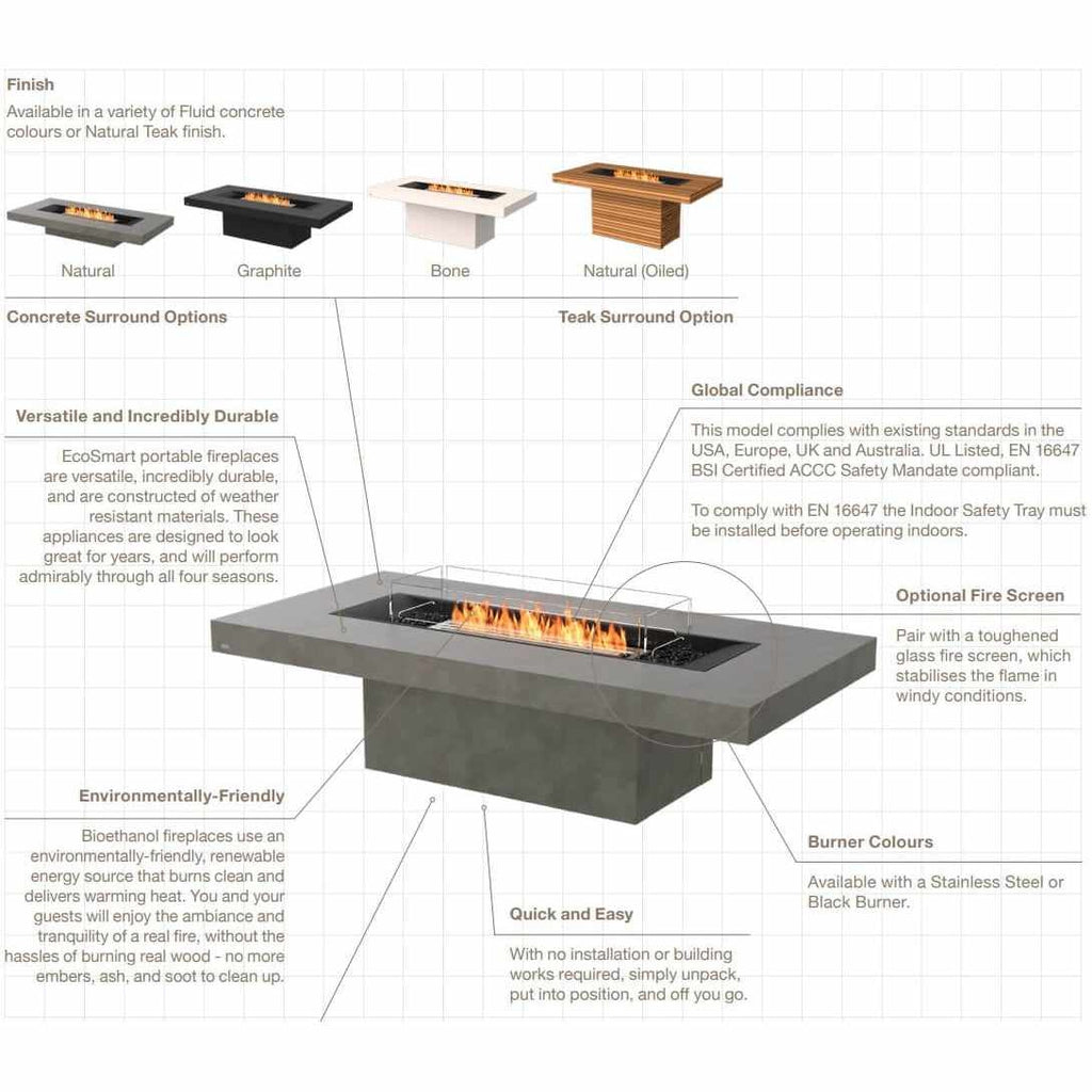 EcoSmart Fire Gin 90 bioethanol fire pit table in graphite concrete with a glass screen and black burner.