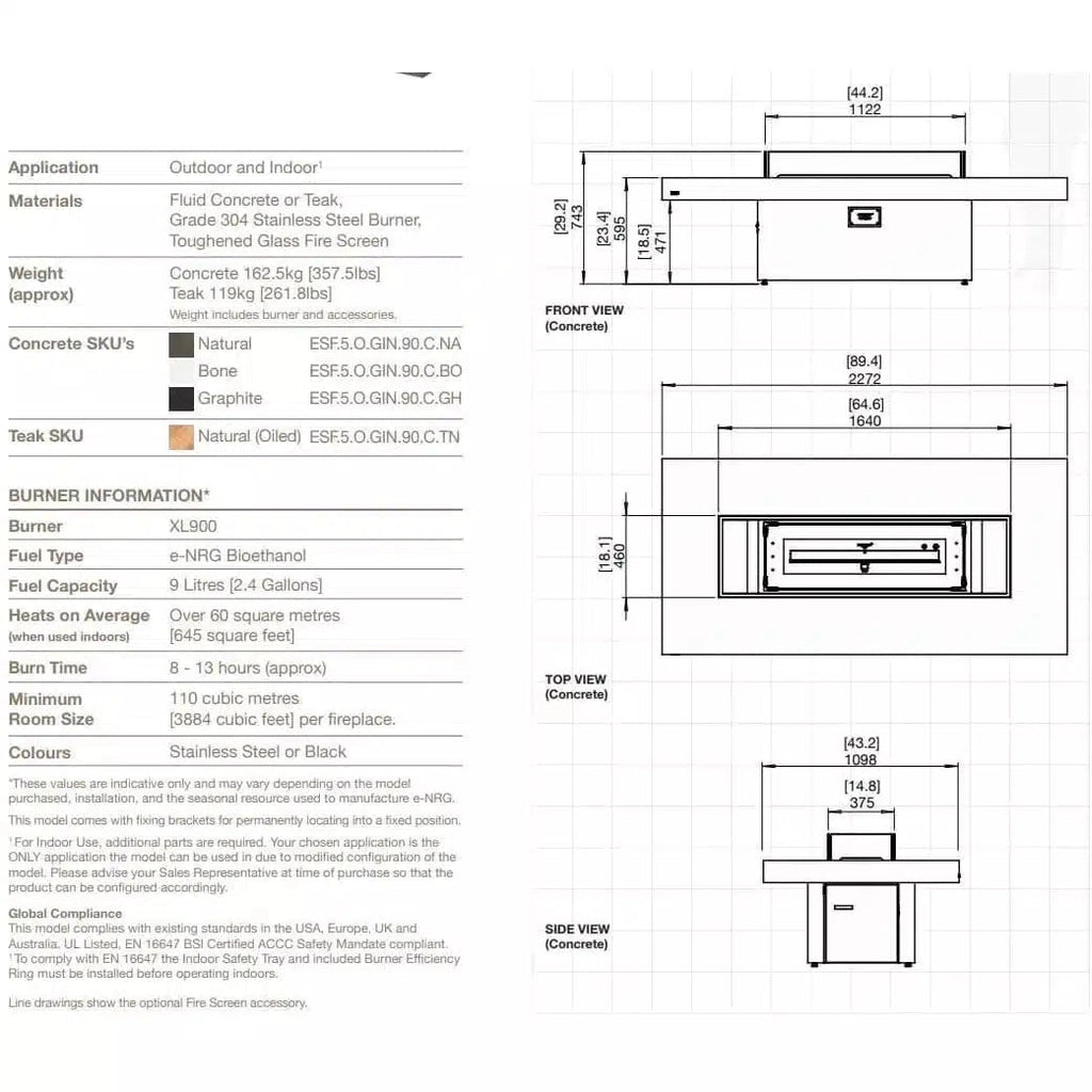 Technical line drawings showing front, top, and side dimensions for the EcoSmart Fire Gin 90 bioethanol fire pit table.