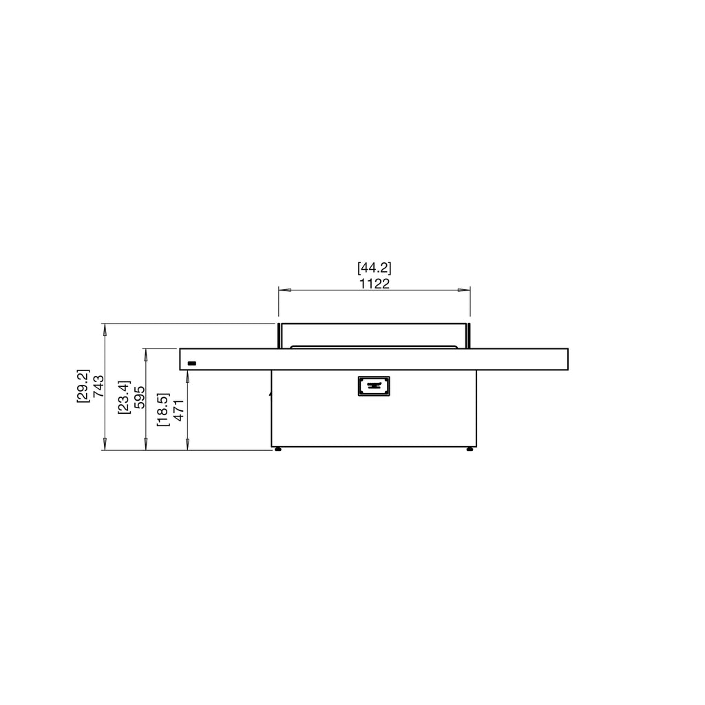 Technical line drawing of the EcoSmart Fire Gin 90 bioethanol fire pit table showing side profile and dimensions.