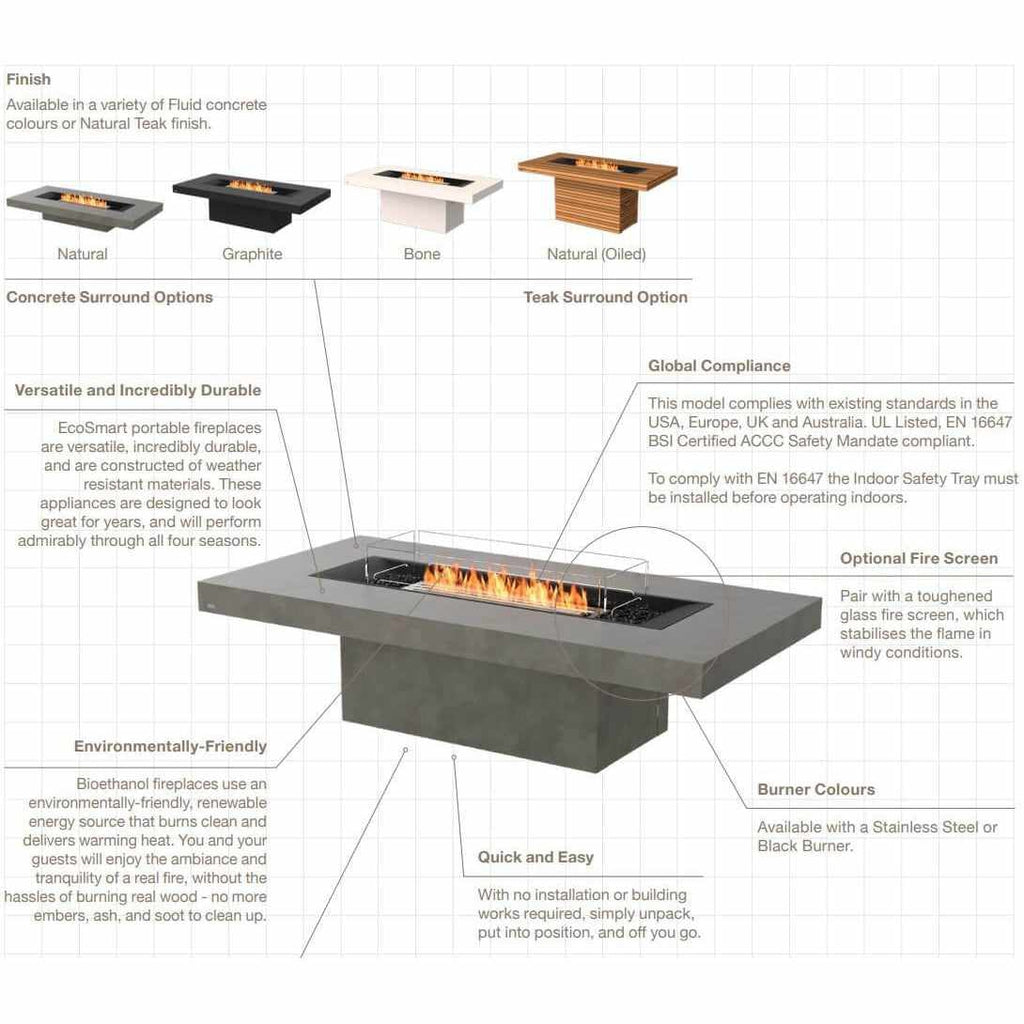 EcoSmart Fire Gin 90 dining fire pit table in graphite concrete with a central bioethanol flame and glass screen.