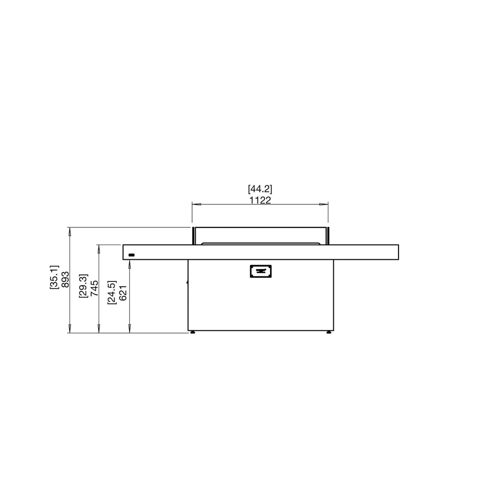 Technical line drawing of the EcoSmart Fire Gin 90 dining fire pit table showing side elevation and dimensions.