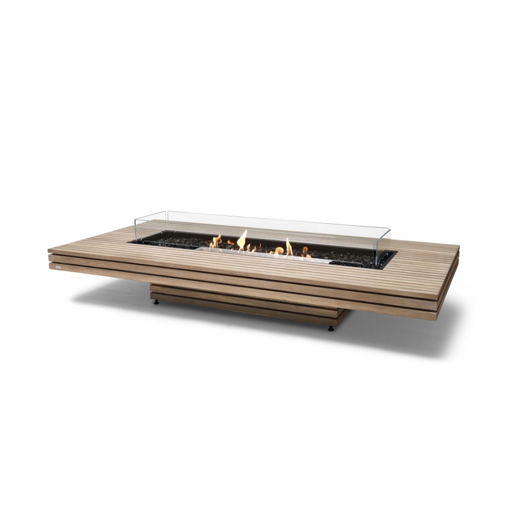 EcoSmart Fire Gin 90 low teak slatted fire pit table with a central burner, black glass media, and glass screen.