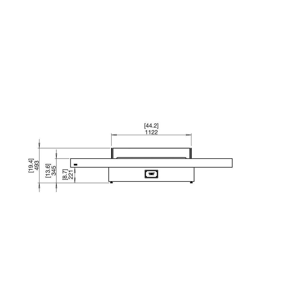 Technical line drawing of the EcoSmart Fire Gin 90 (Low) showing front elevation dimensions in millimetres and inches.