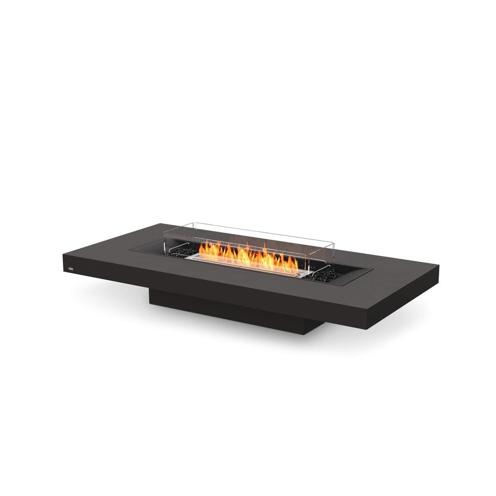 EcoSmart Fire Gin 90 low black rectangular bioethanol fire pit table with a central flame and glass screen.