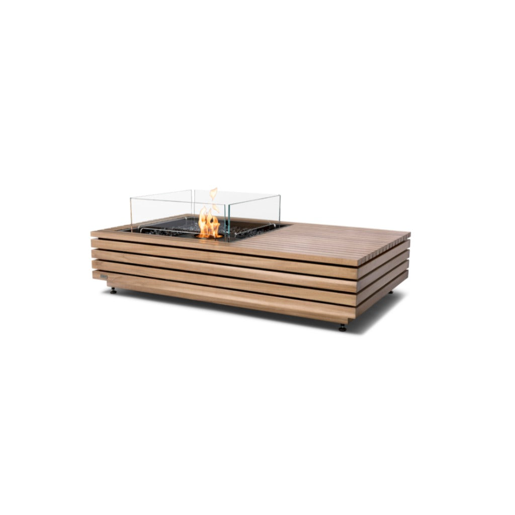 EcoSmart Fire Manhattan 50 bioethanol fire pit table with a slatted teak wood frame and glass wind screen.