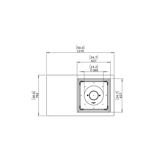 Technical plan view drawing of the EcoSmart Fire Manhattan 50 showing dimensions in millimetres and inches.