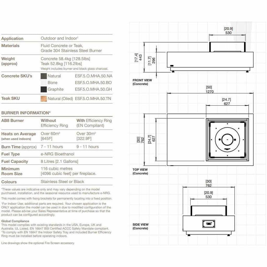 Technical diagram showing front, top, and side dimensions of the EcoSmart Fire Manhattan 50 bioethanol fire pit table.