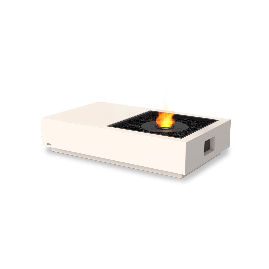 EcoSmart Fire Manhattan 50 bioethanol fire pit table in cream with a central black burner and flickering flame.