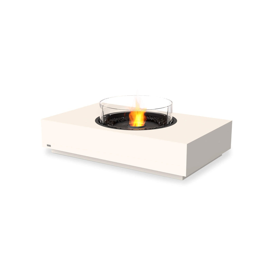 EcoSmart Fire Martini 50 bioethanol fire pit table in cream with a circular glass screen and central flame.