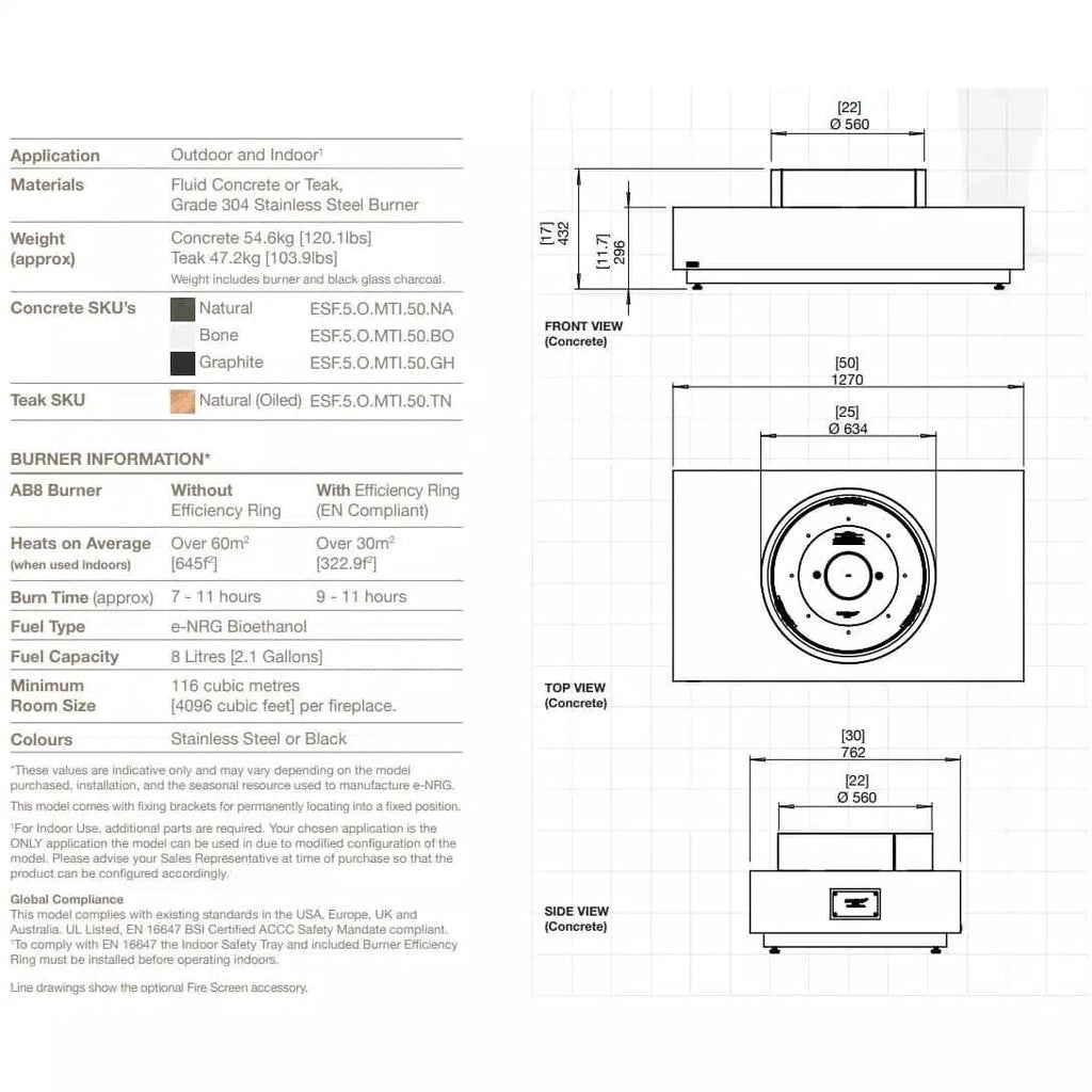 Technical line drawing of the EcoSmart Fire Martini 50 showing front, top, and side dimensions with burner details.
