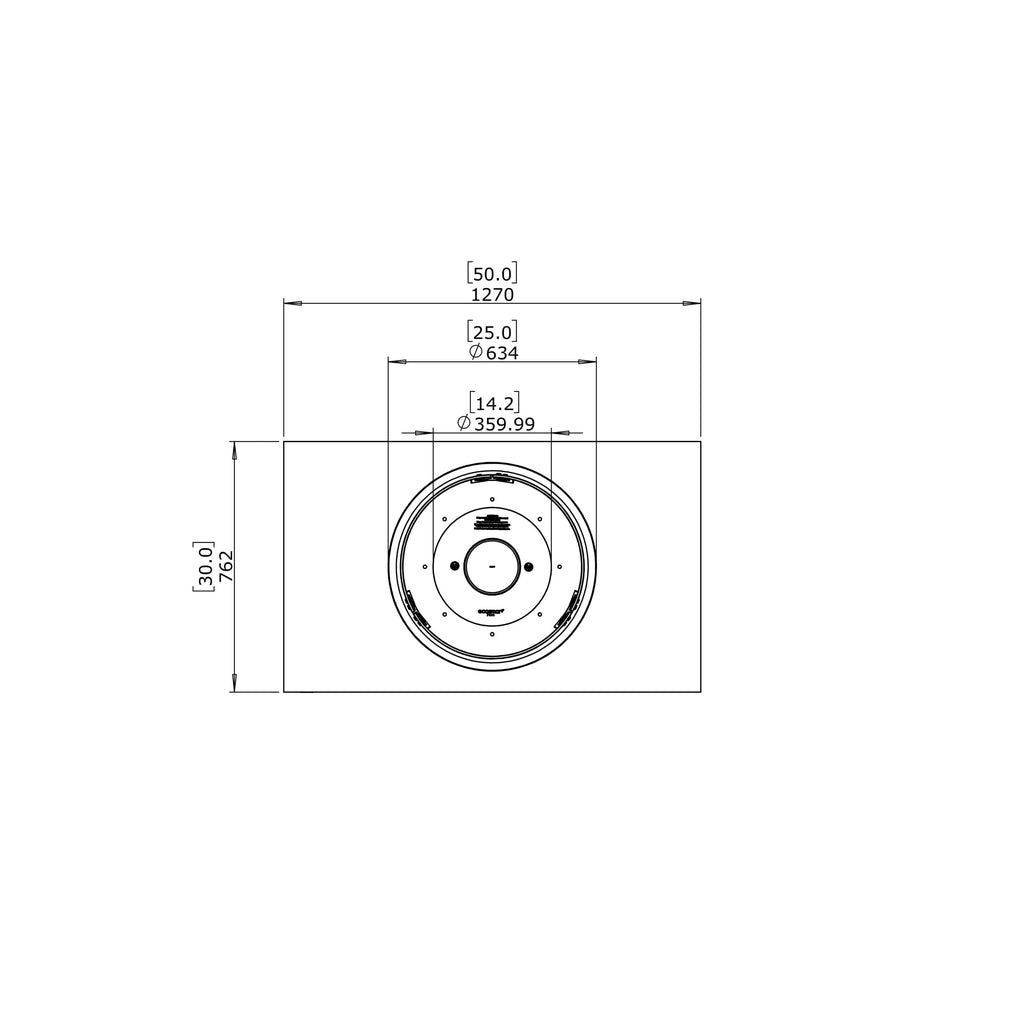 Technical line drawing showing top-down dimensions of the EcoSmart Fire Martini 50 bioethanol fire pit table.