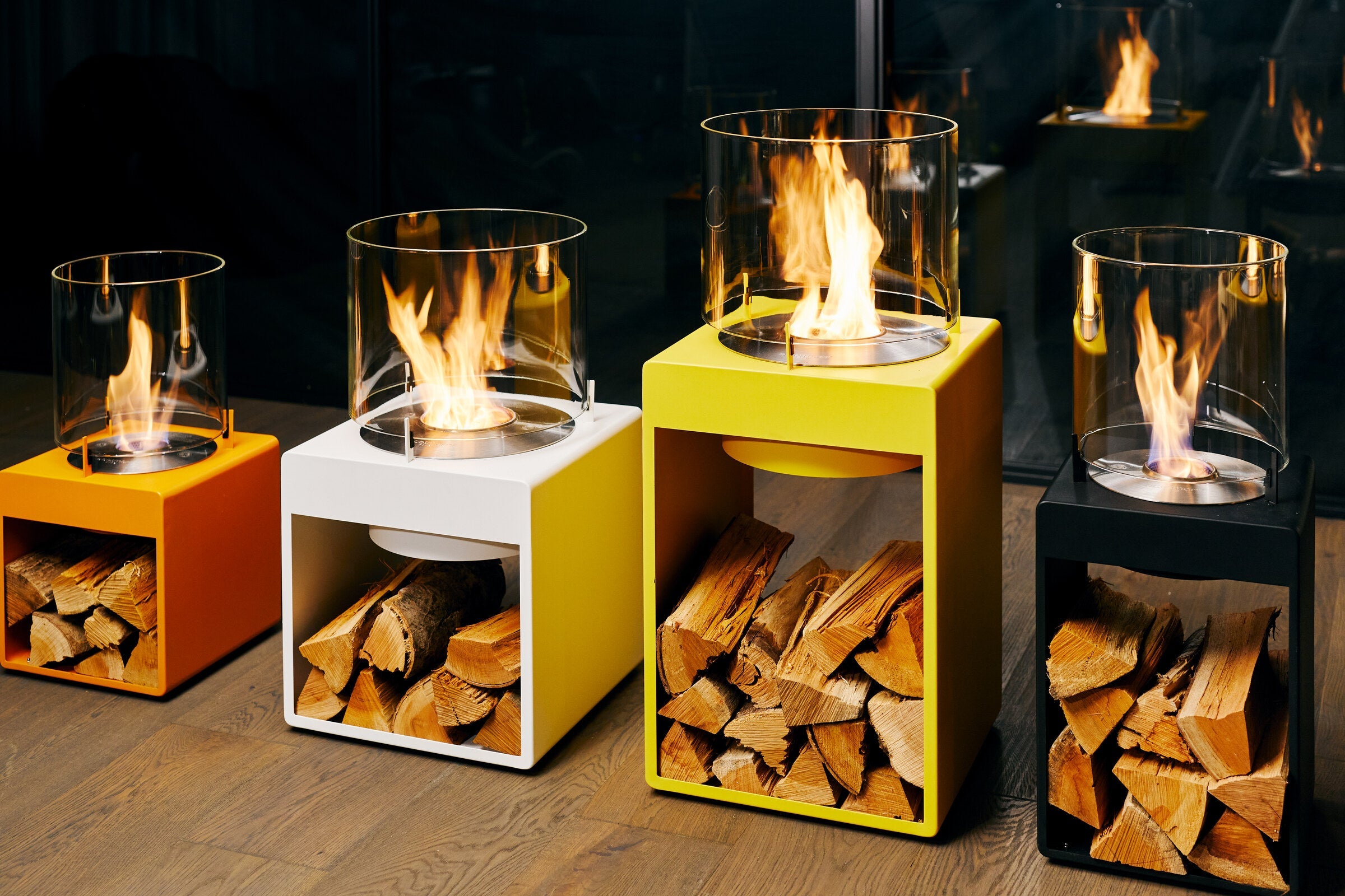 EcoSmart Fire Pop Series colour range in an interior setting
