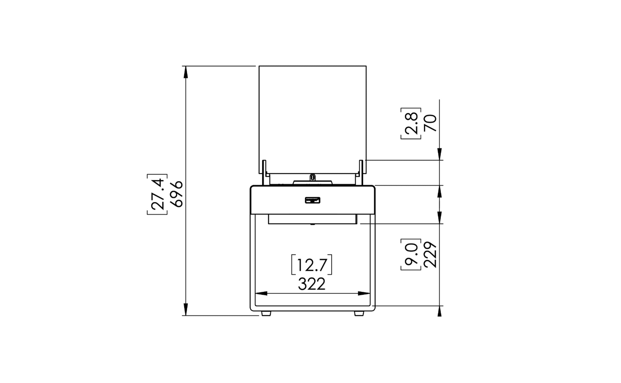 EcoSmart Fire Pop 3L front technical dimensions
