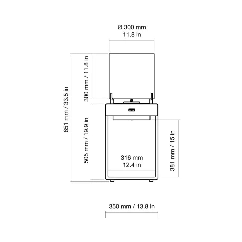 EcoSmart Fire Pop 3T front technical dimensions
