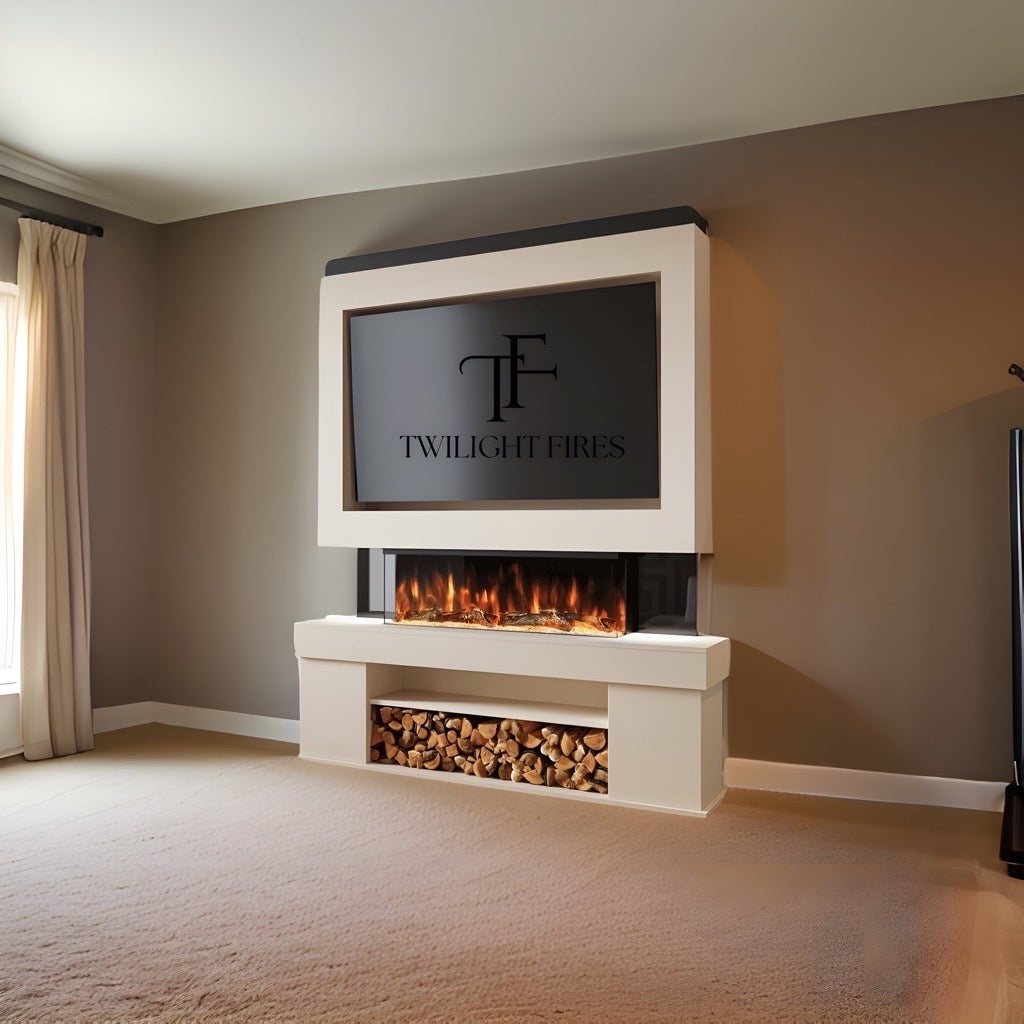 Emilia 72" pre-built media wall with a cream frame, integrated electric fireplace, and log storage shelf.