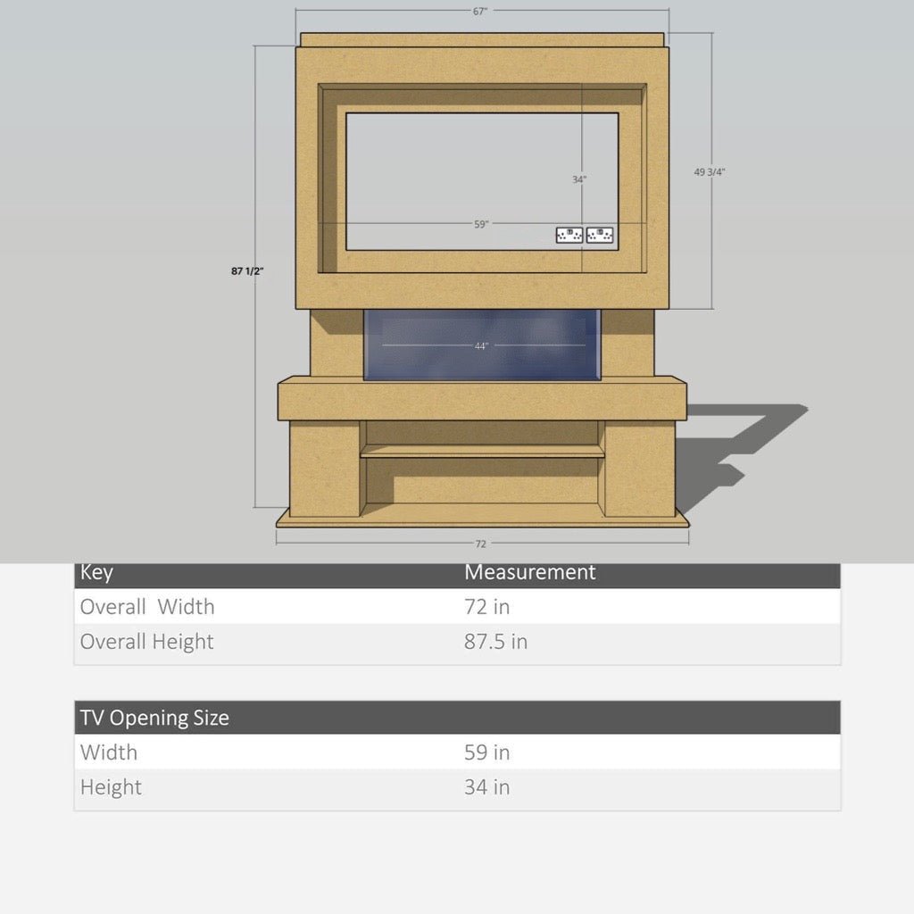 Emilia 72" pre-built media wall fireplace technical diagram showing dimensions, TV recess, and lower shelf unit.