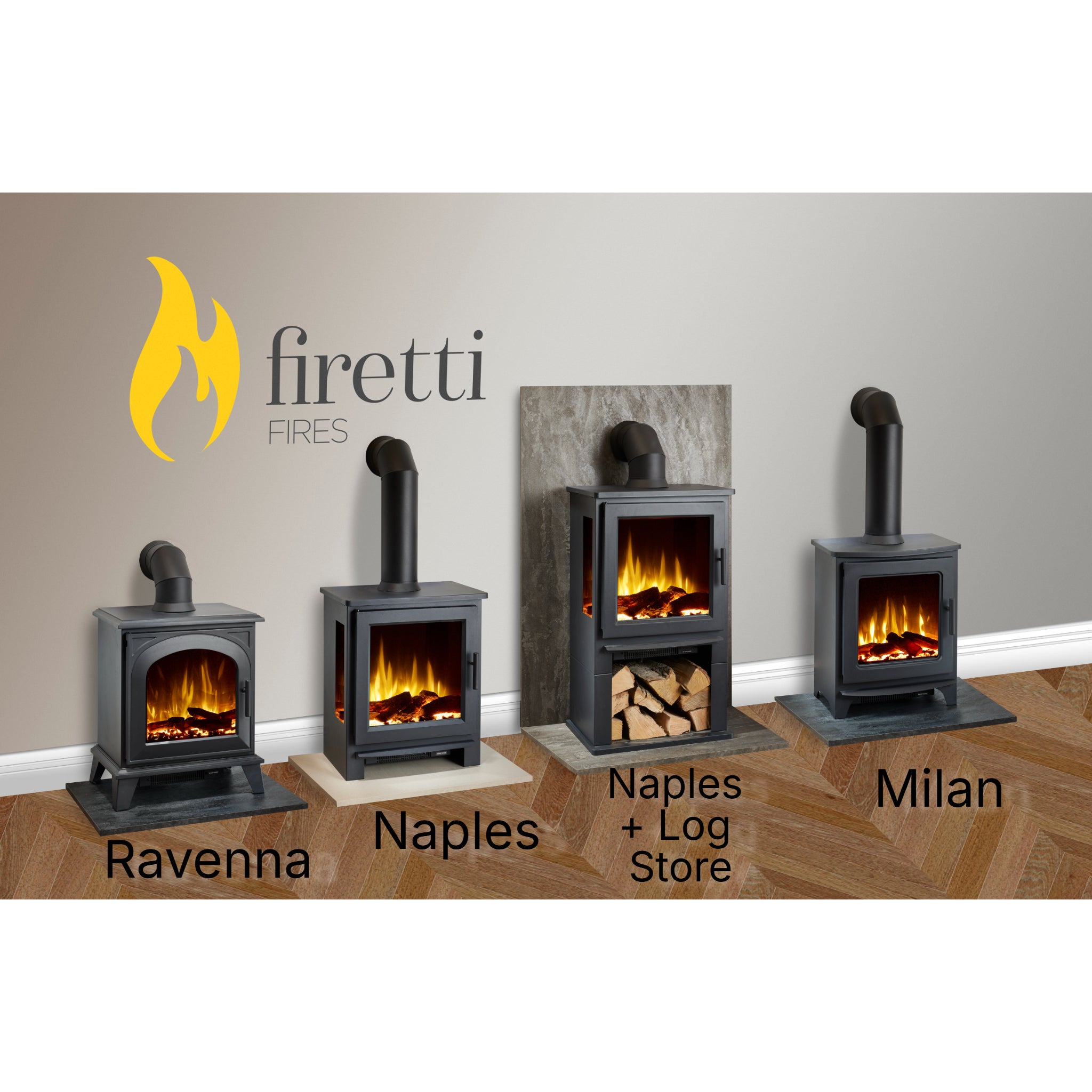 Four Firetti New York electric stoves in black, featuring realistic flame effects, flue pipes, and various hearth bases.