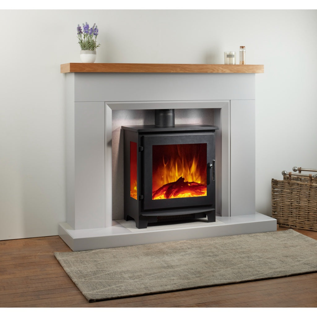 Firetti New York Electric Stove Suite with a black stove, realistic flame effect, and grey surround with oak mantel.