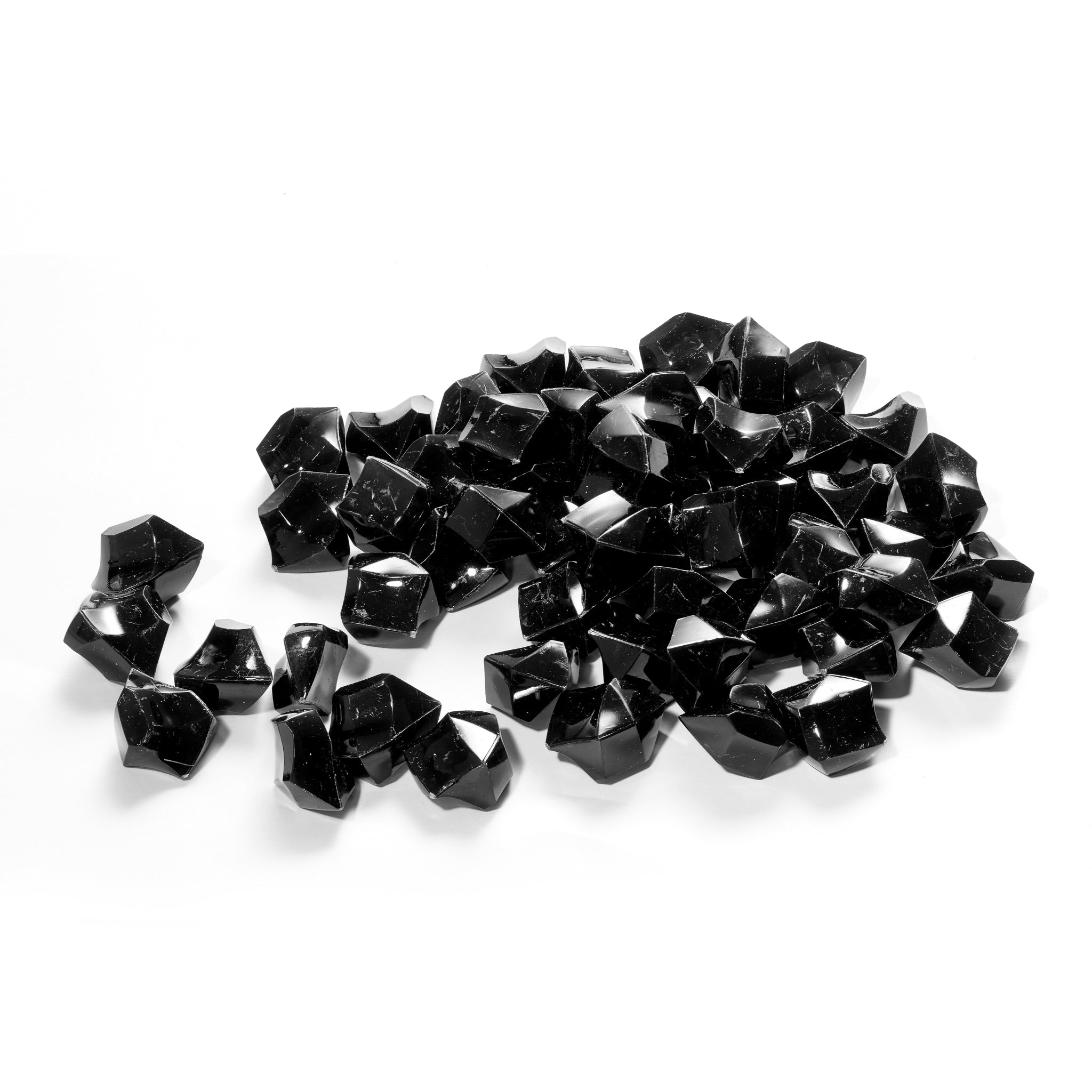 A pile of glossy, faceted black decorative stones for the Firetti New York Electric Stove Suite.
