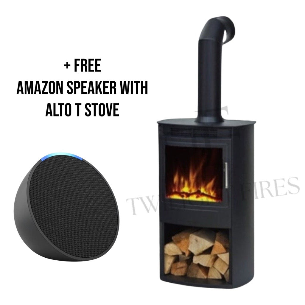 Flametek Alto T electric stove with a black finish, log storage base, and a spherical smart speaker.