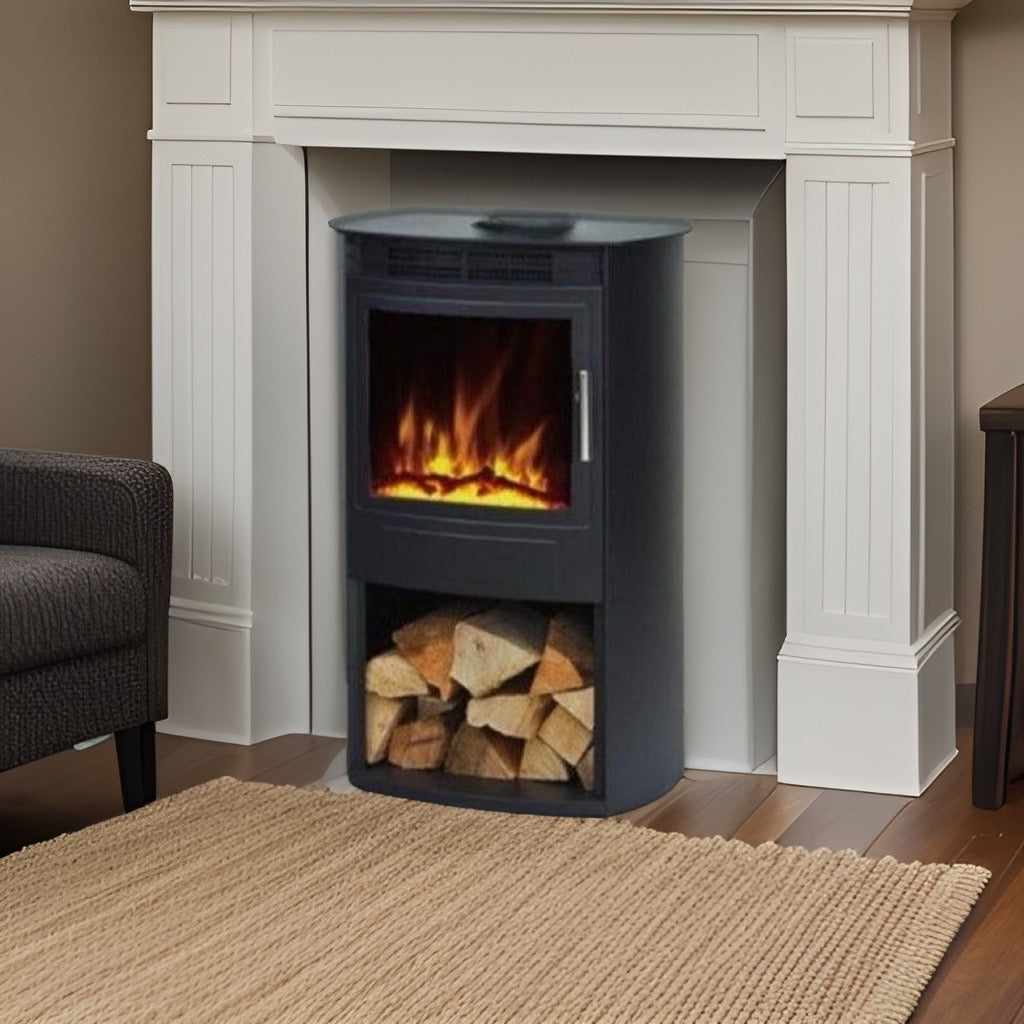 Flametek Alto T electric stove in black with a glass flame effect and log storage compartment in a white fireplace.