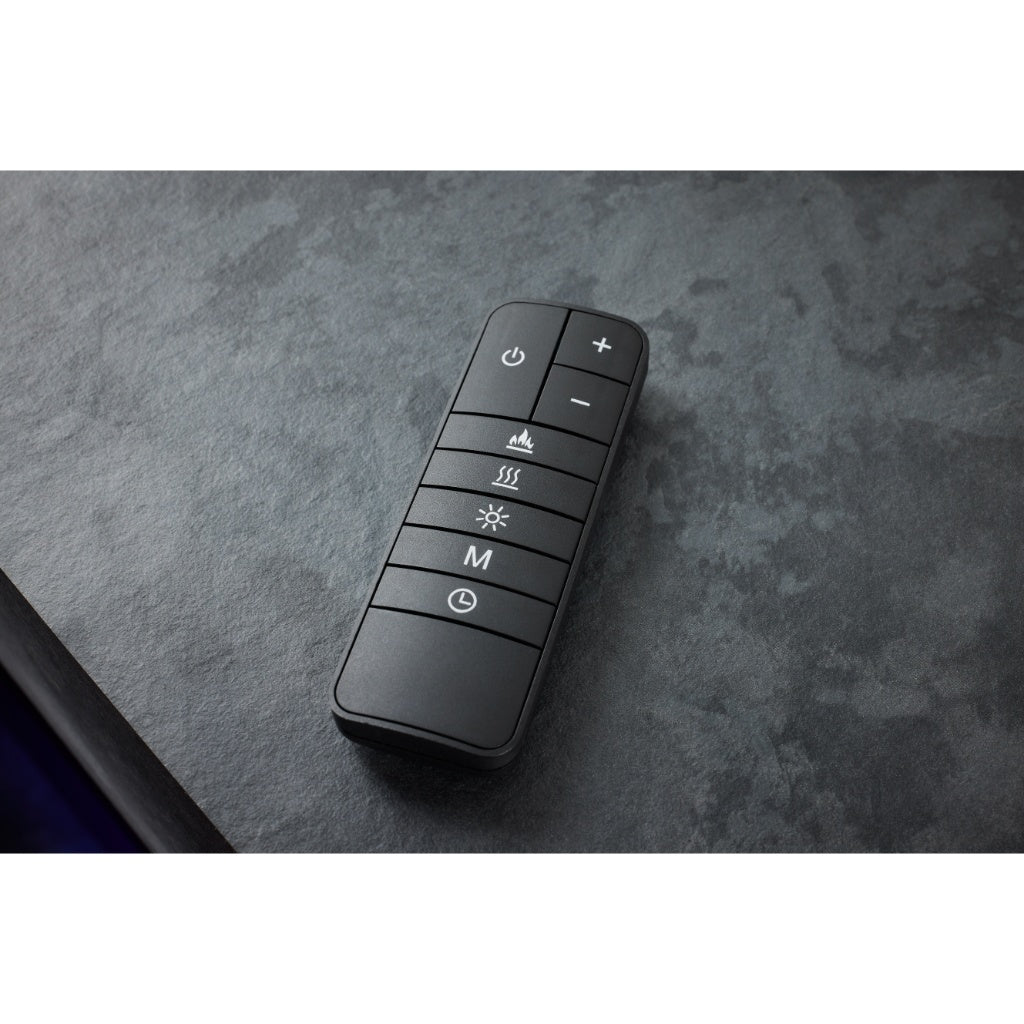 Black rectangular remote control for Flametek Liberty Electric Stove Suite with white icons on a dark stone surface.