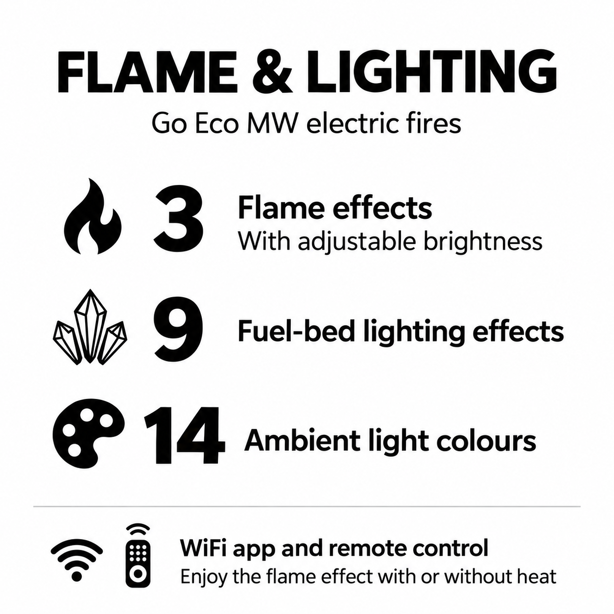 Go Eco MW electric fires: 3 adjustable flame effects, 9 fuel-bed lighting effects, 14 ambient light colours, WiFi app and remote control, with or without heat.