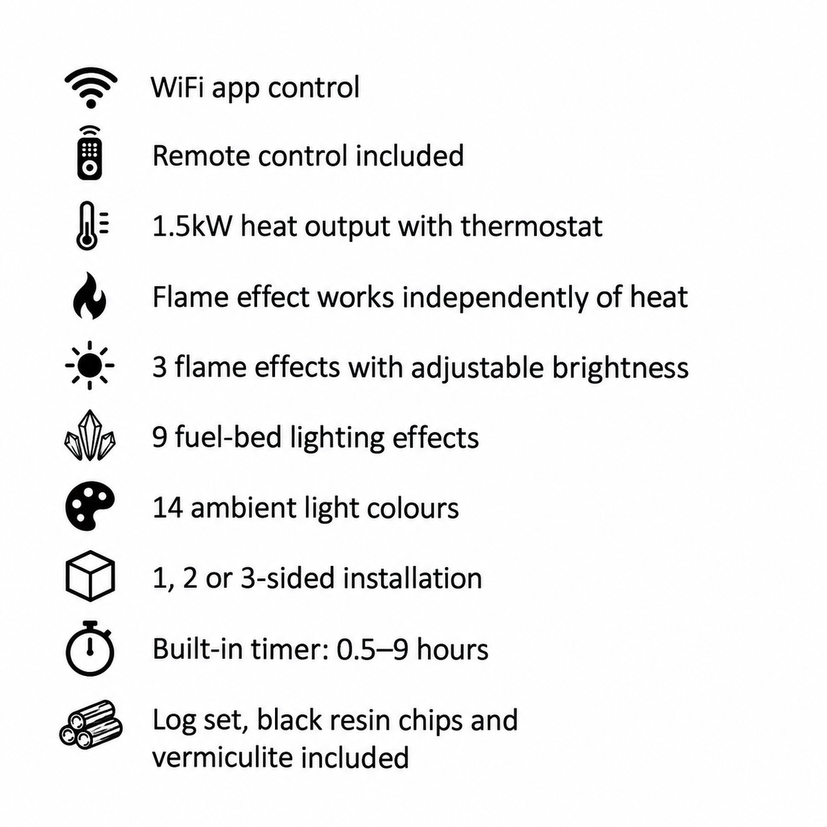 Go Eco MW electric fire key features: WiFi app and remote control, 1.5kW thermostatic heat, flame-only mode, adjustable flame and lighting effects, 1–3 sided installation, timer and included fuel bed.