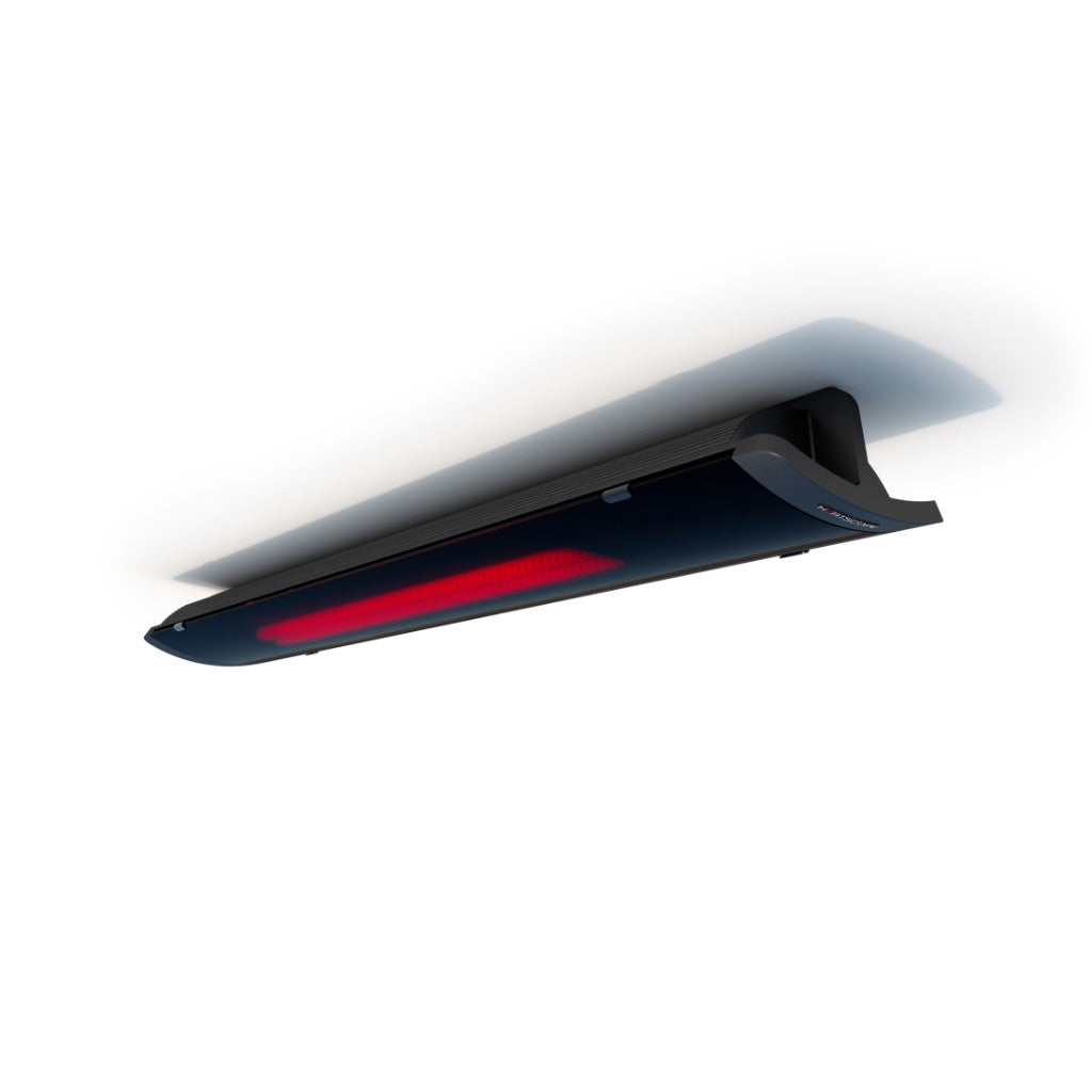 Heatscope Heaters Pure+ 3000W electric radiant heater in black, mounted on a white ceiling with a glowing red element.