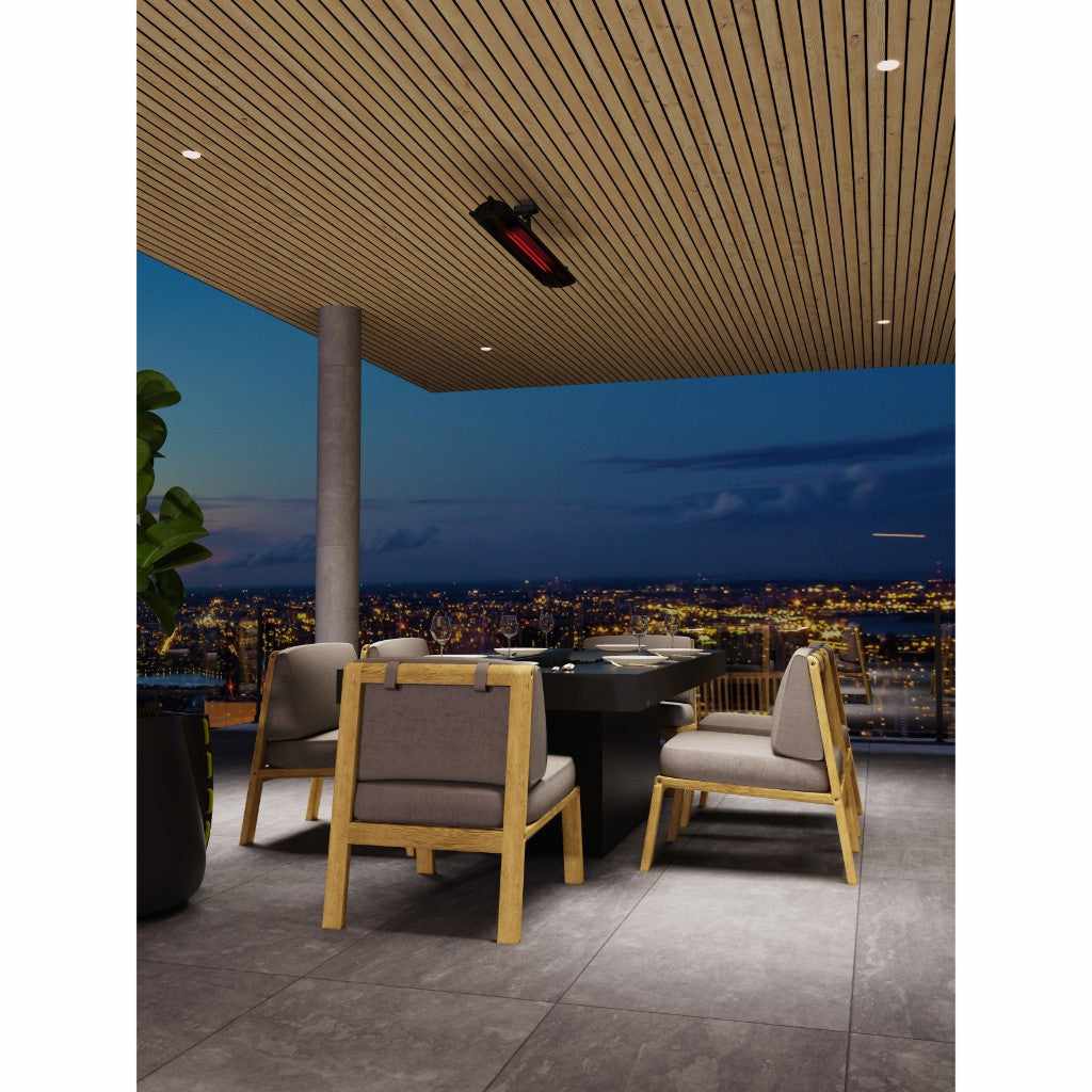 Heatscope Heaters Pure+ 3000W electric heater mounted on a slatted wooden ceiling above an outdoor dining terrace.