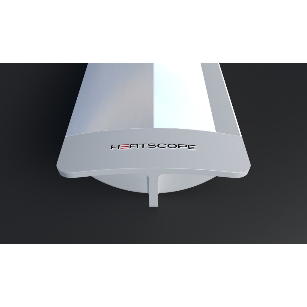 Heatscope Heaters Pure+ 3000W electric radiant heater in a sleek white finish with a central logo on a black background.