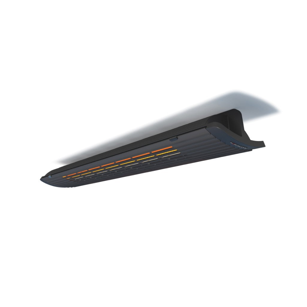 Heatscope Heaters Pure+ 3000W electric radiant heater in black, mounted on a white ceiling with glowing orange elements.