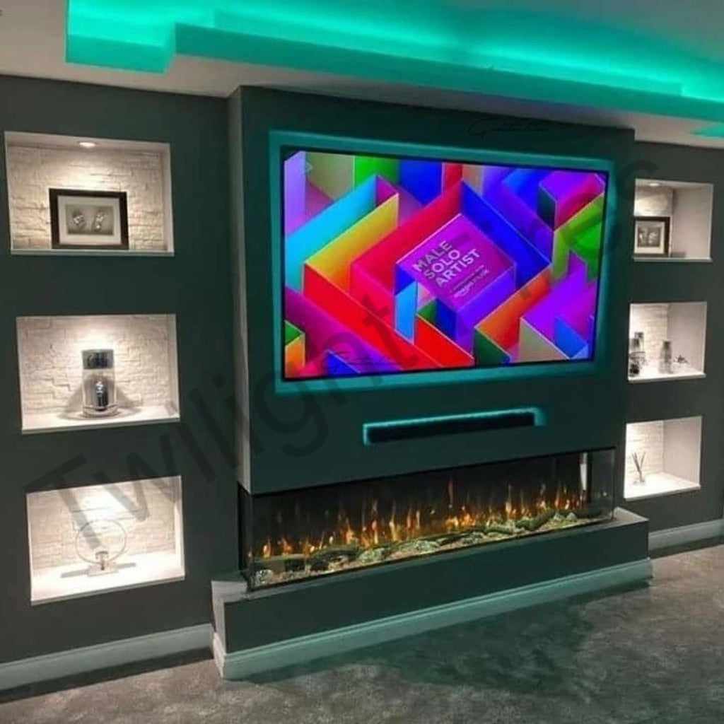 Luvelle 50” 3D panoramic electric fire set in a grey media wall with side alcoves, LED lighting, and a mounted TV.