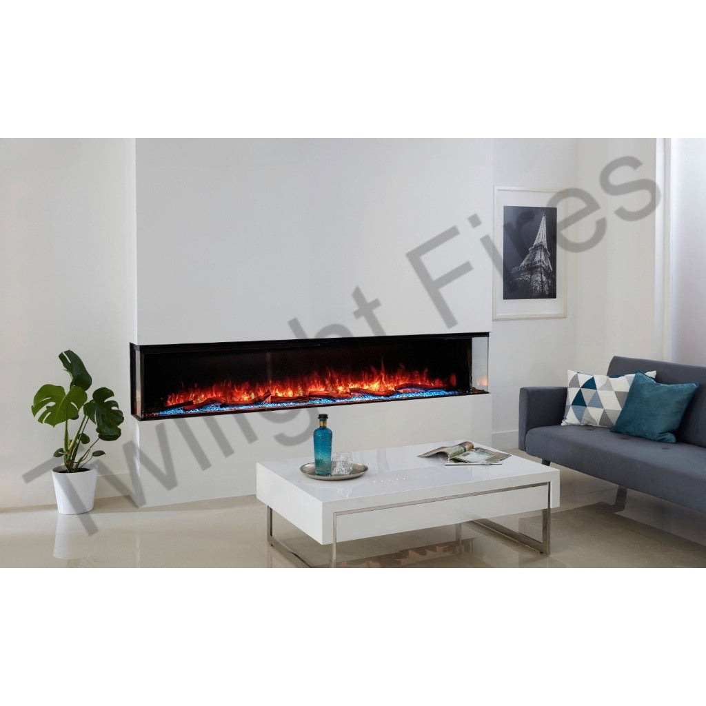 Luvelle 71” 3D panoramic electric fire with orange flames and blue crystal embers, set in a modern white media wall.