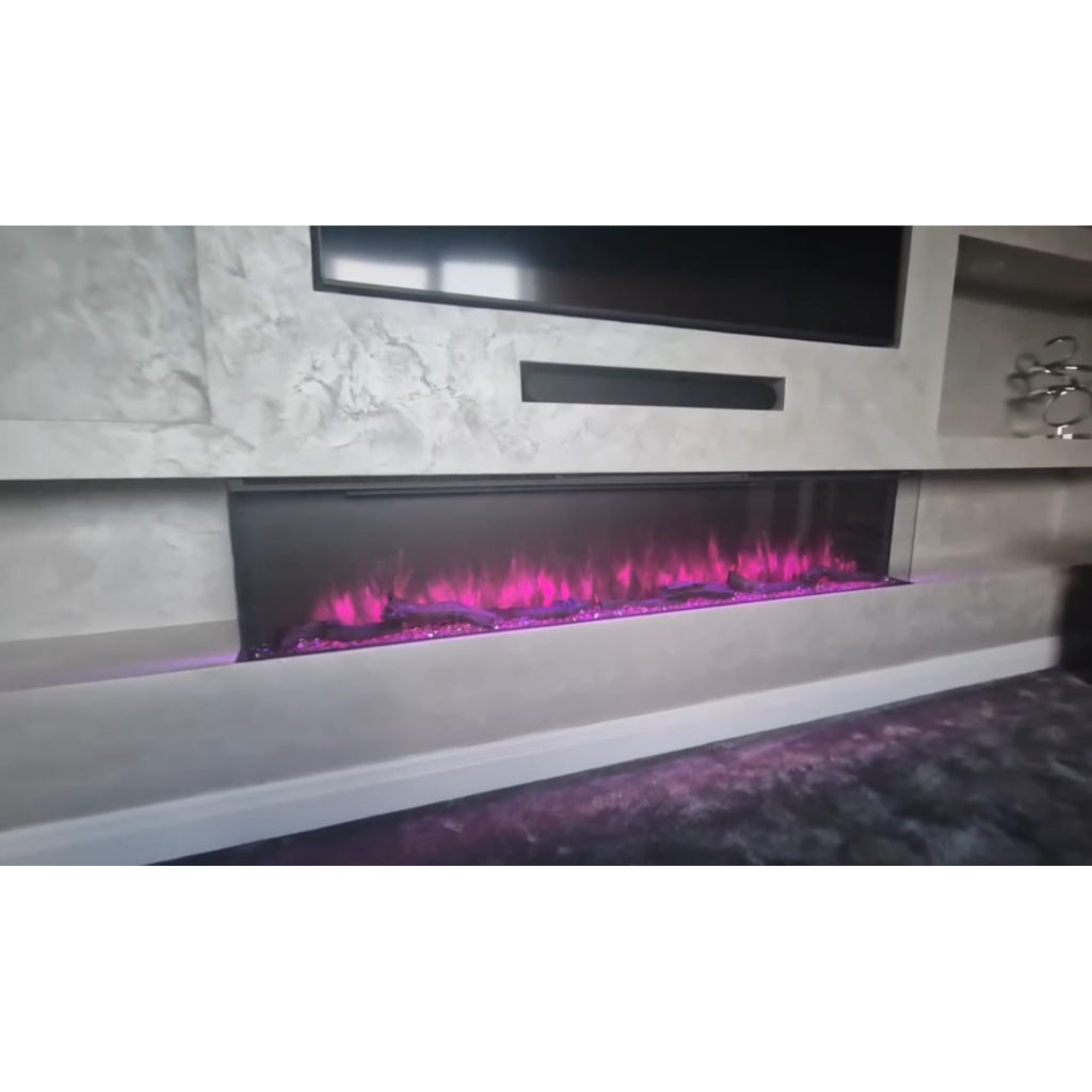 Luvelle 71” 3D panoramic electric fire with vibrant pink flames set in a textured grey media wall.