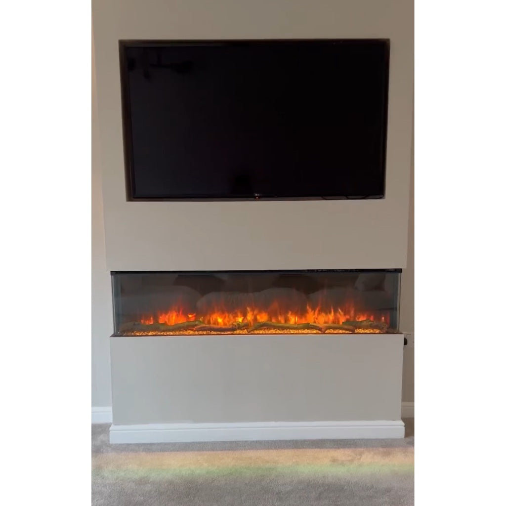 Luvelle 71” 3D panoramic electric fire with realistic orange flames, set in a cream media wall below a television.