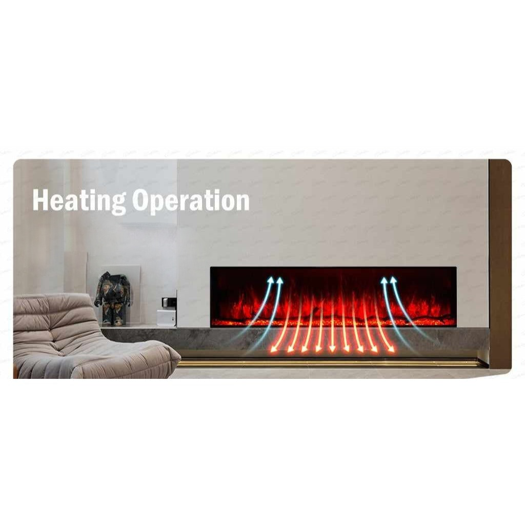 Slimline panoramic 3D electric fire with red flame effect and heat flow arrows in a modern media wall setting.